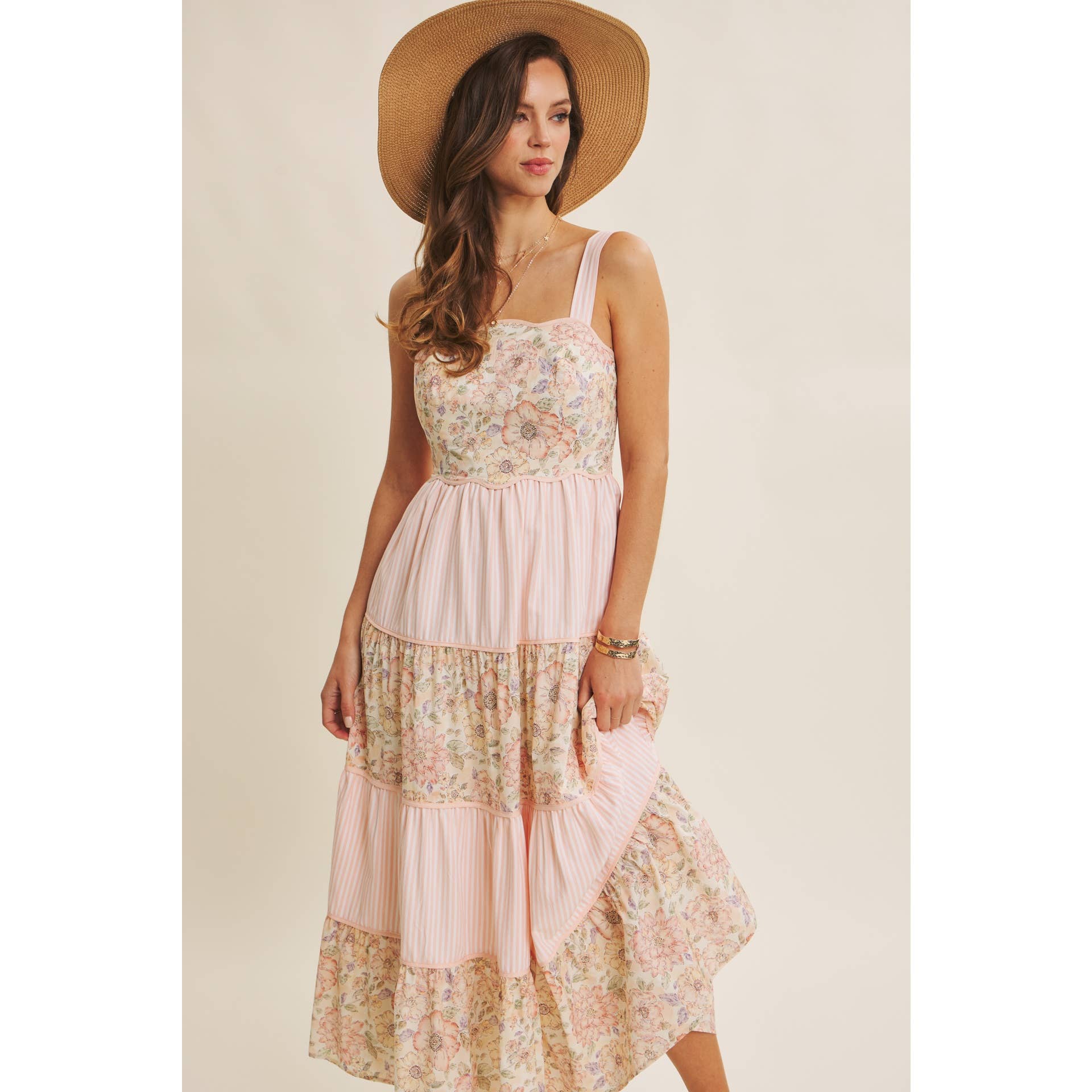 DREAMY IDEAL TIERED MIDI DRESS MIXED IN FLORALS AND STRIPES