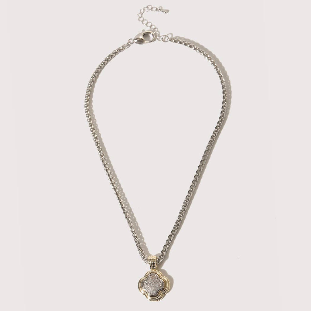 Two Tone CZ Pave Clover Pendant Necklace
