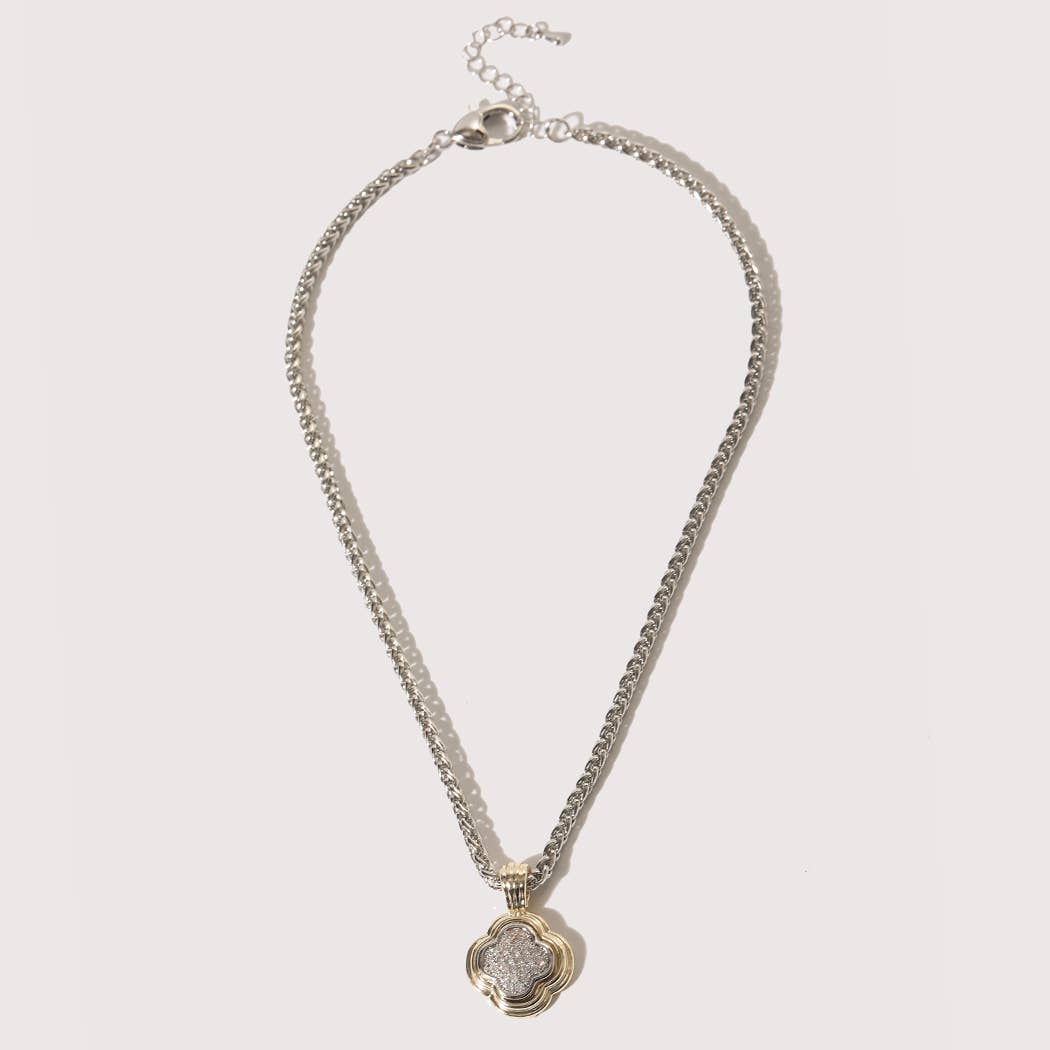 Two Tone CZ Pave Clover Pendant Necklace