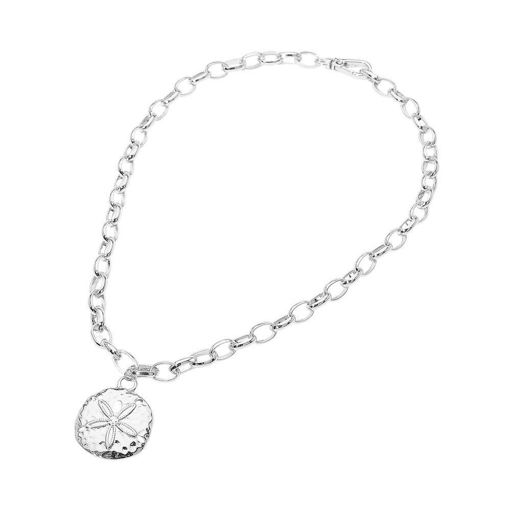 Hammered Metal Sand Dollar Pendant Chunky Chain Necklace