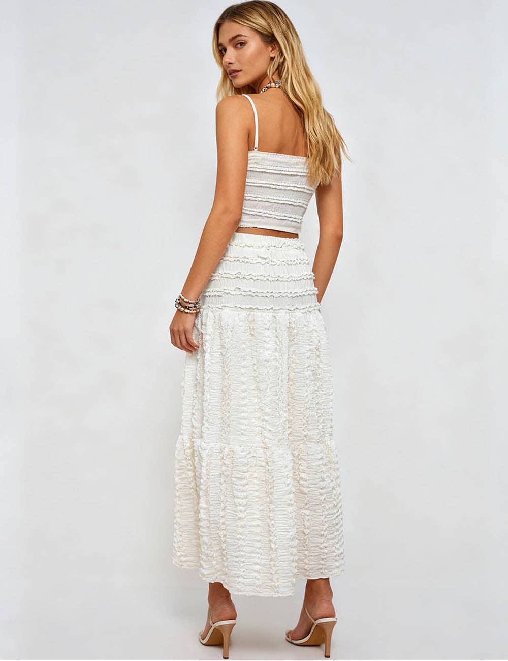Ladies Romantic Wrinkle Ruffle Cami Top & Tiered Maxi Skirt Set