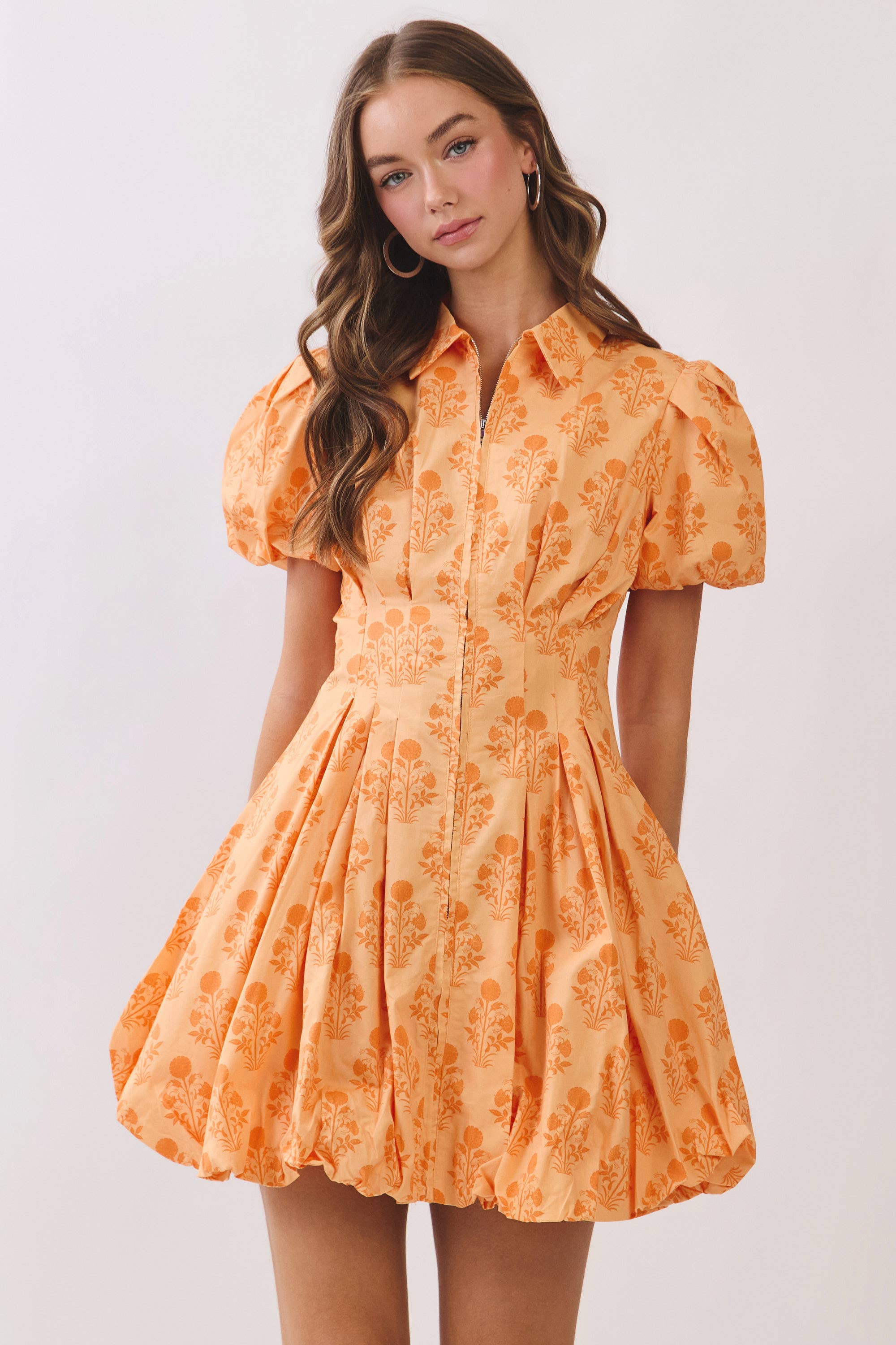 CD07052-Floral Print Puff Sleeve Bubble Hem Mini Dress