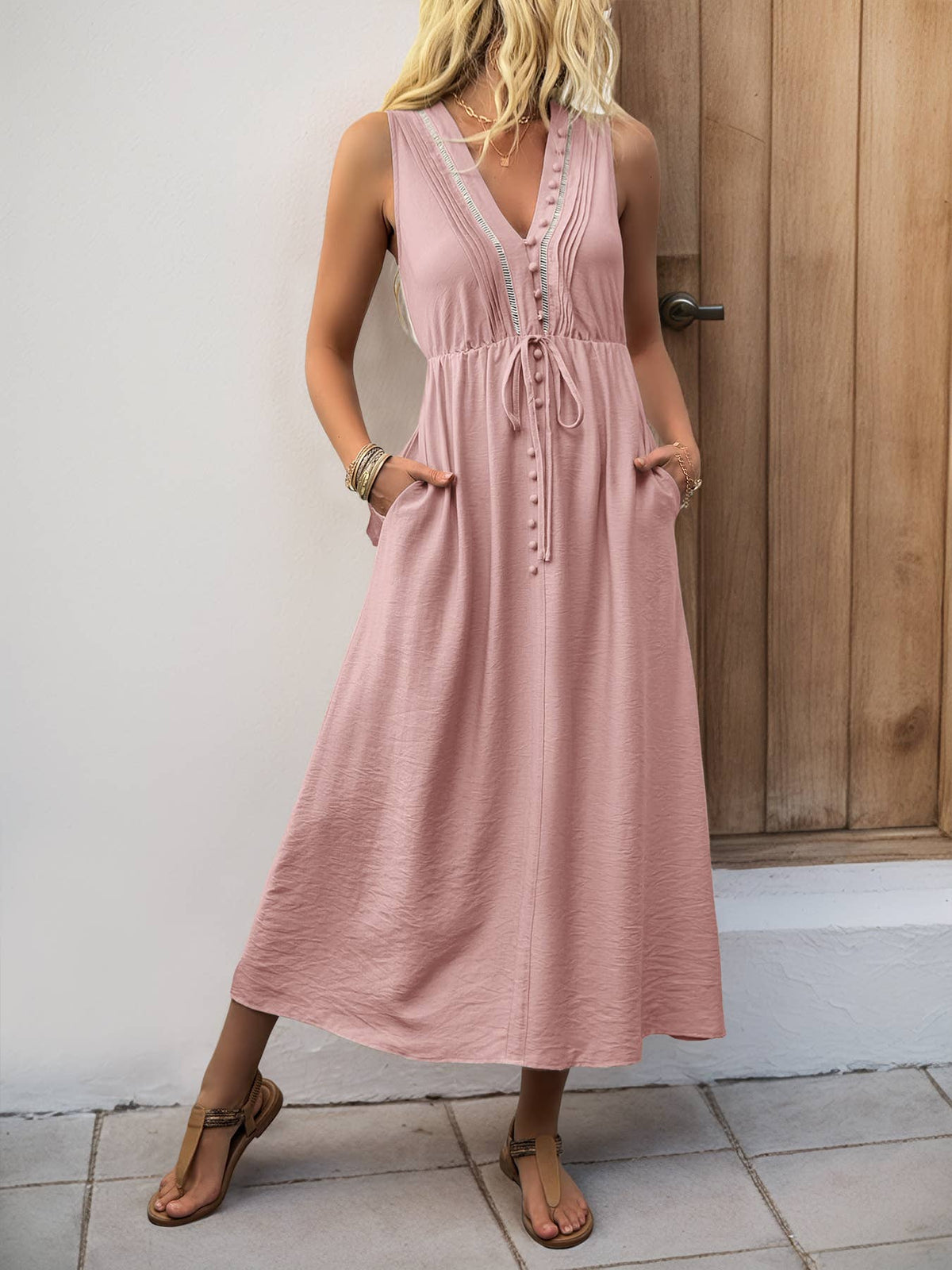 Sleeveless V Neck Maxi Dress with Button Front and Pockets