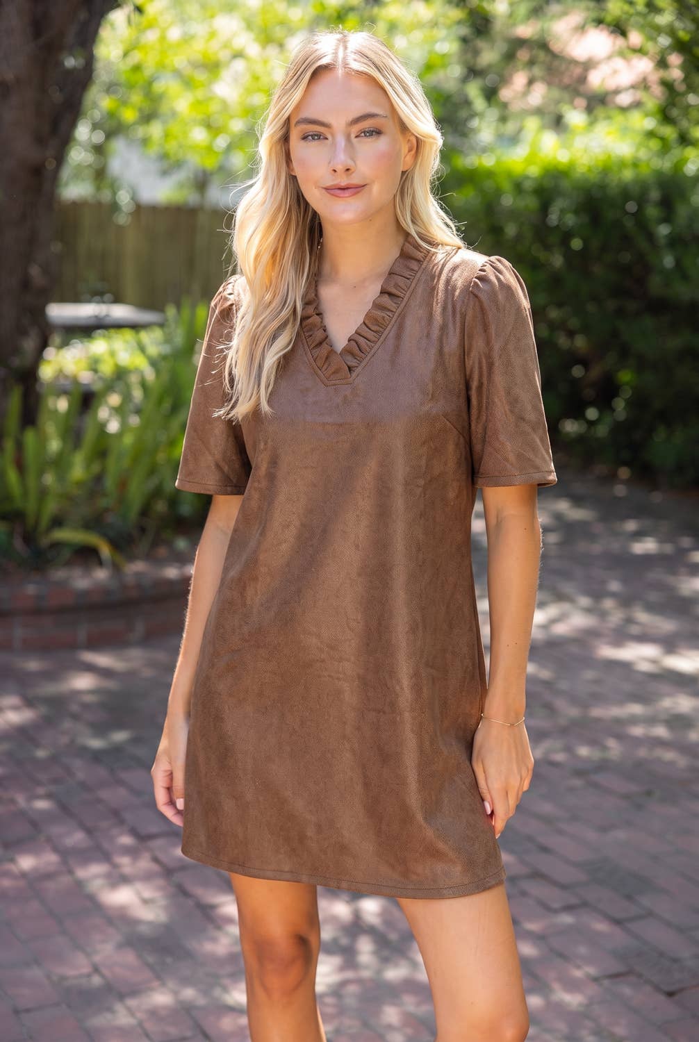 37100 Ruffled V-Neck Solid Faux Leather Shift Dress