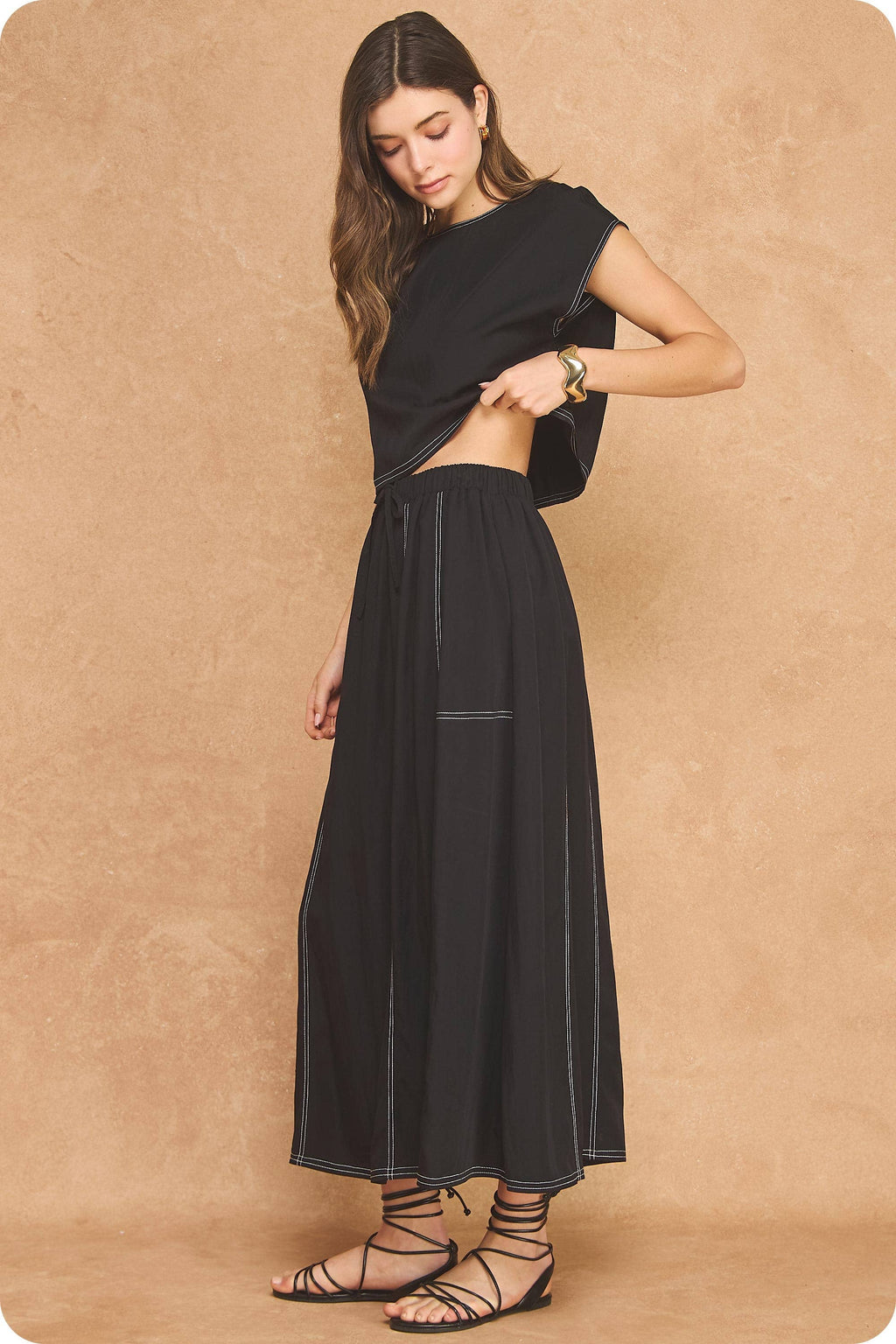 Top Stitch Cap Sleeve Top & Midi Skirt 2-Piece Set