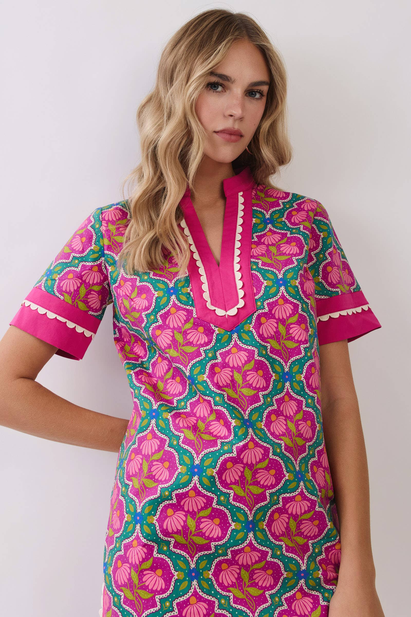 CD06671-Colorful Floral Print Contrast Borders Shift Dress
