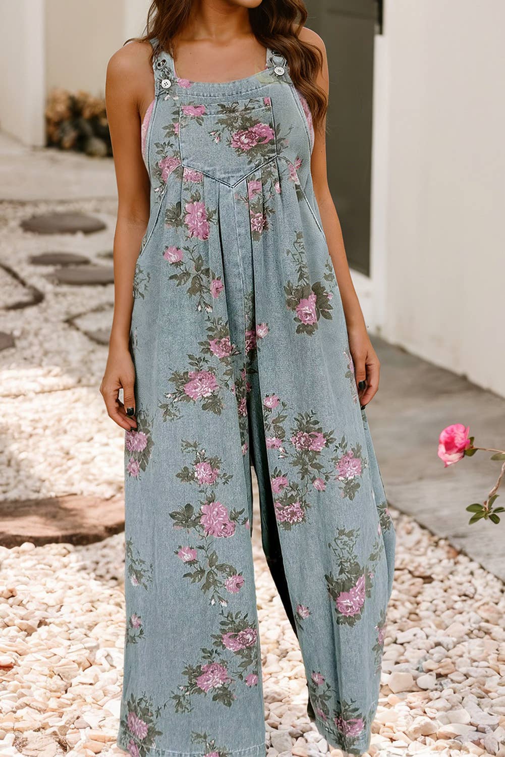 Western Floral Pleated High Waist Wide Leg Denim Jumpsuit