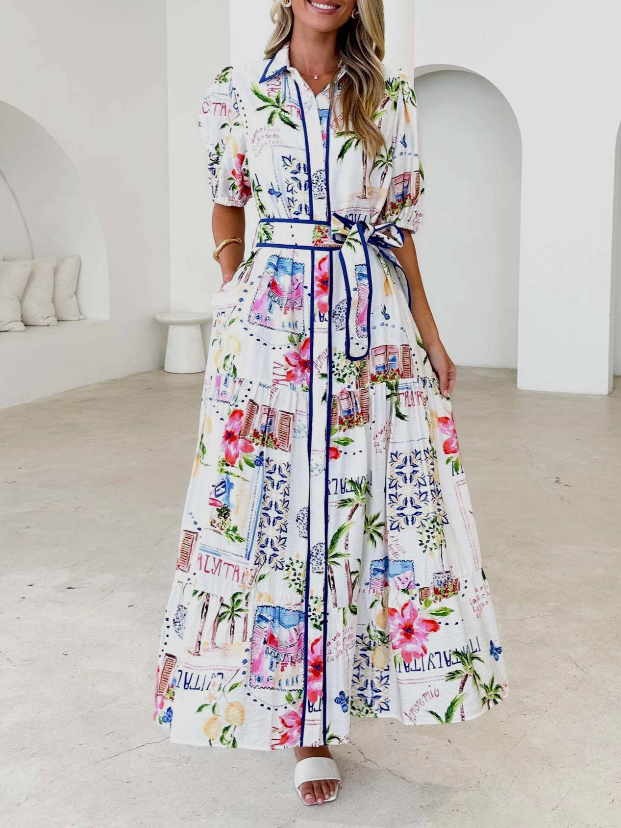 Summer Vibe Tropical Palm Belted Maxi Shirt Dress