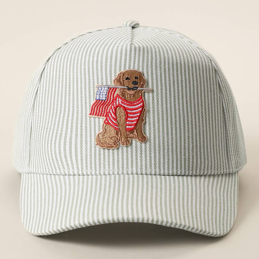 Dog Sitting Holding USA Flag Patch Seersucker Trucker Hat
