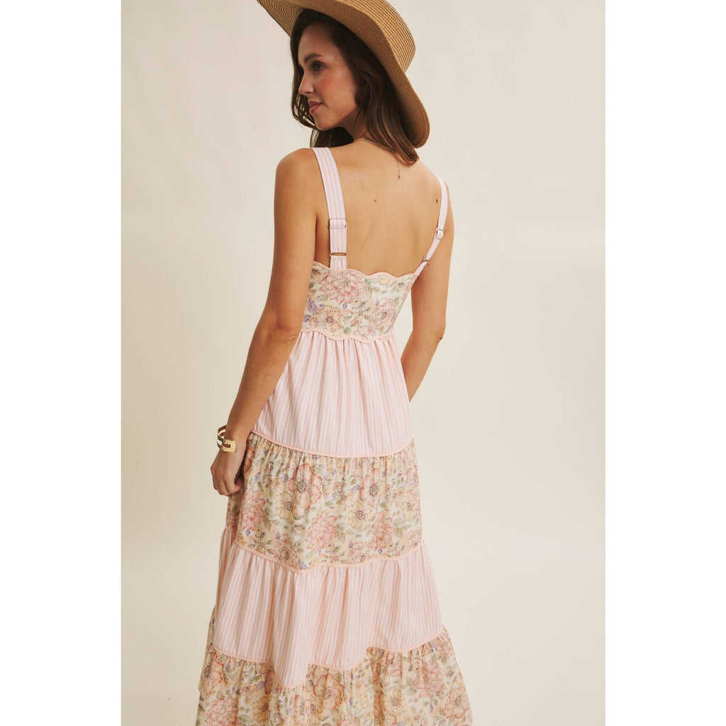 DREAMY IDEAL TIERED MIDI DRESS MIXED IN FLORALS AND STRIPES