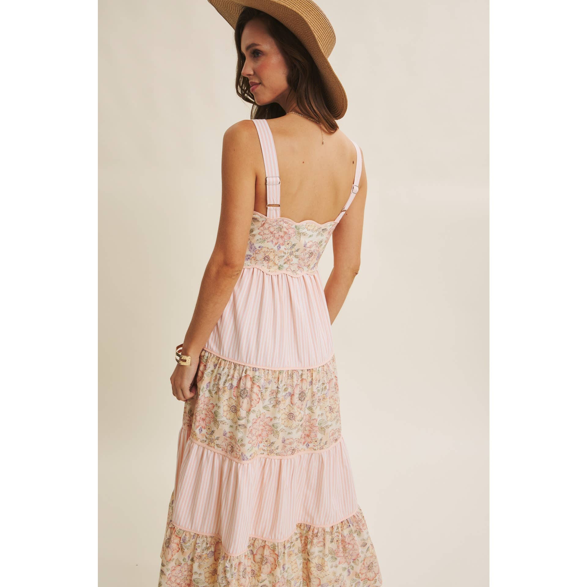 DREAMY IDEAL TIERED MIDI DRESS MIXED IN FLORALS AND STRIPES