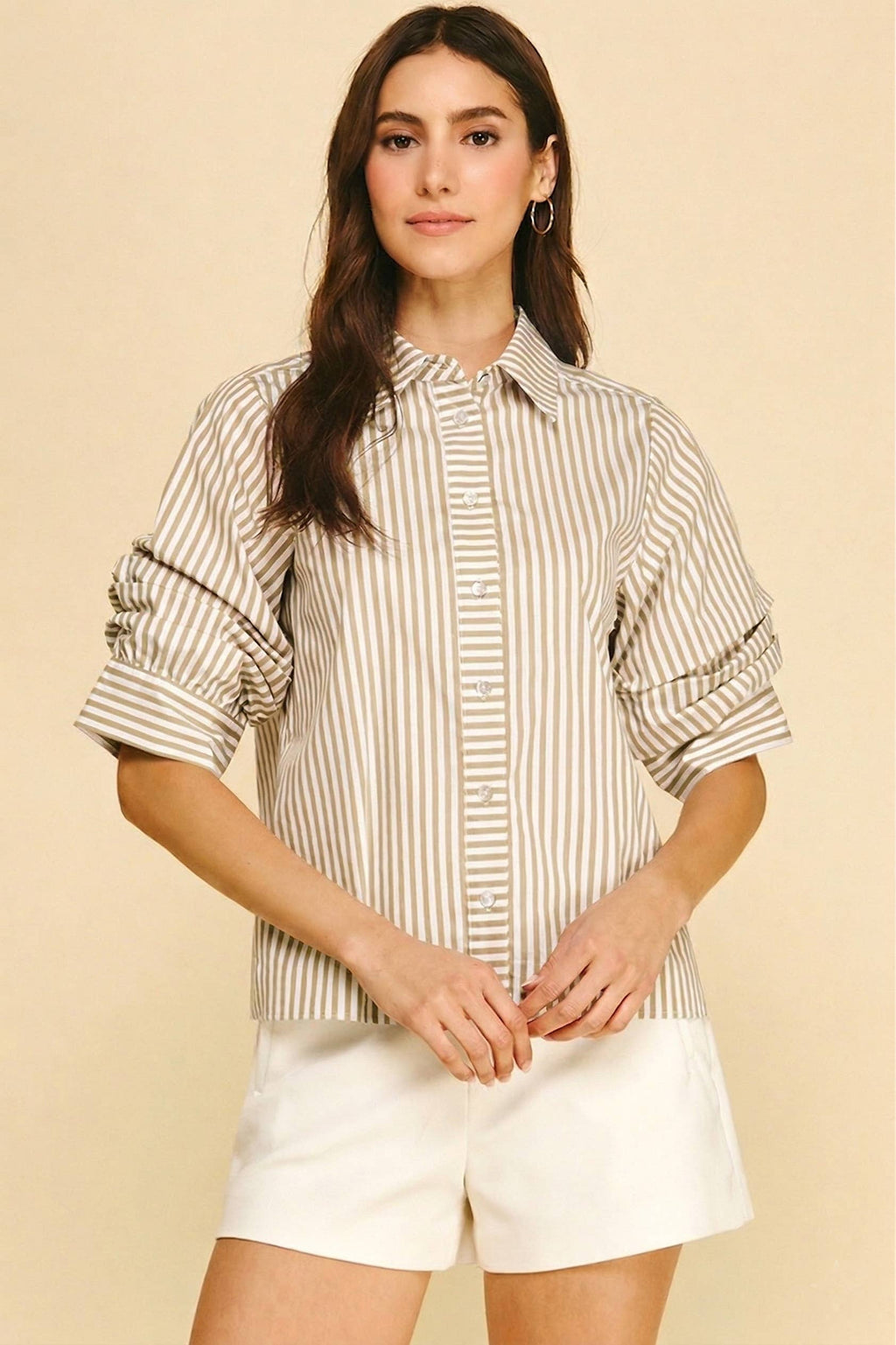 RUCHED SLEEVE STRIPED BUTTON DOWN SHIRT - 7061T