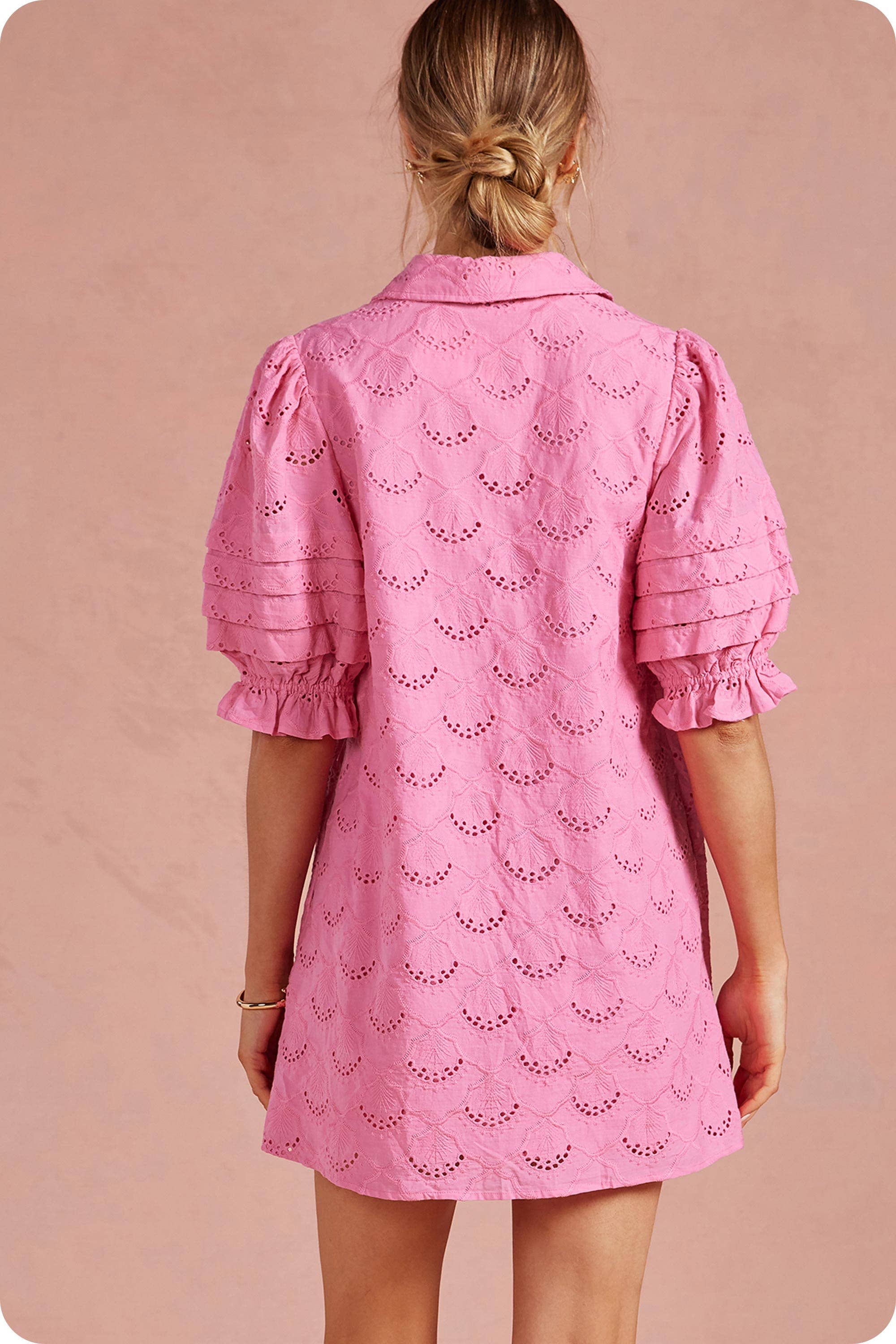 Pintuck Scalloped Eyelet Puff Sleeve Mini Shirt Dress