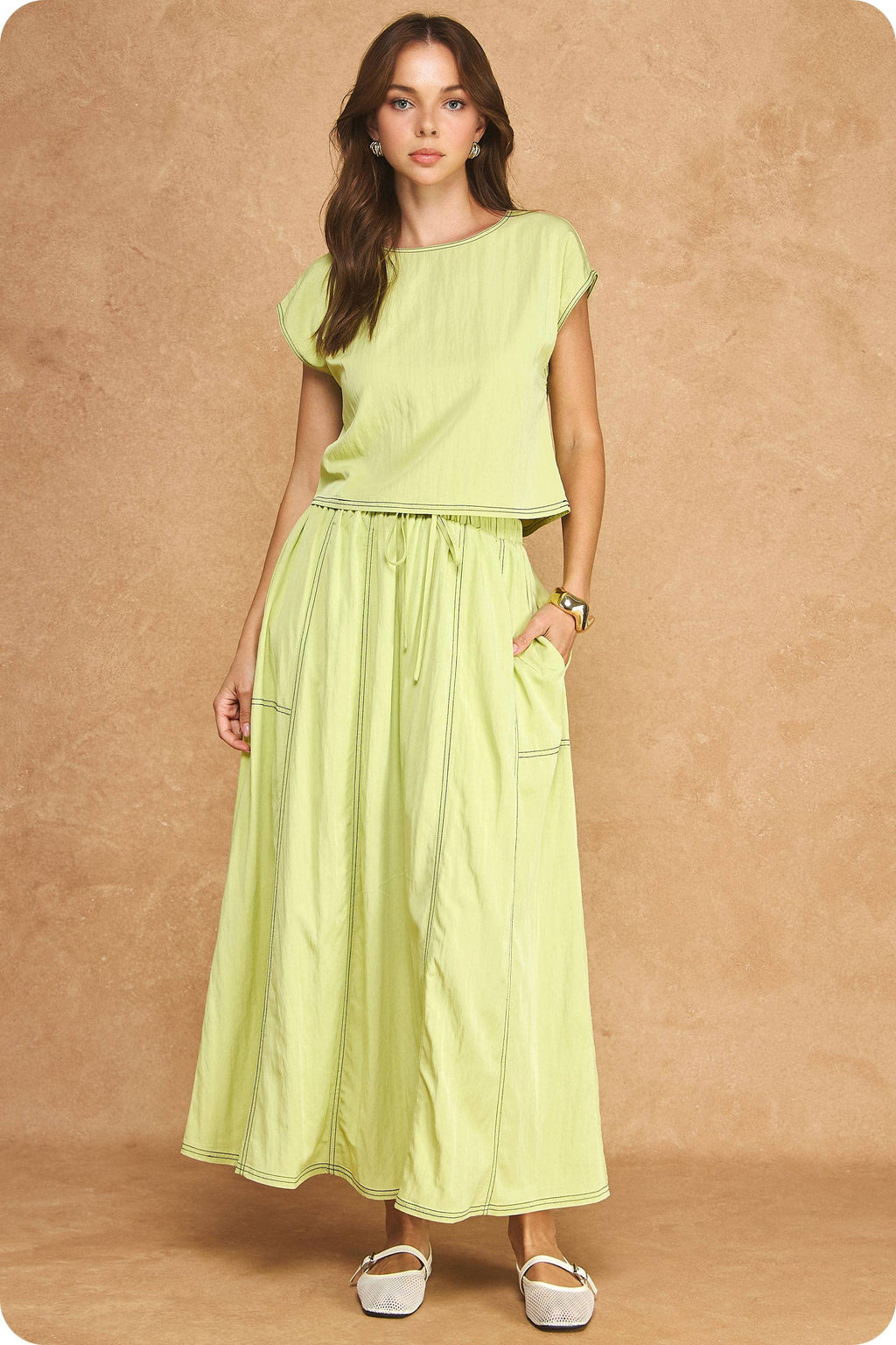 Top Stitch Cap Sleeve Top & Midi Skirt 2-Piece Set