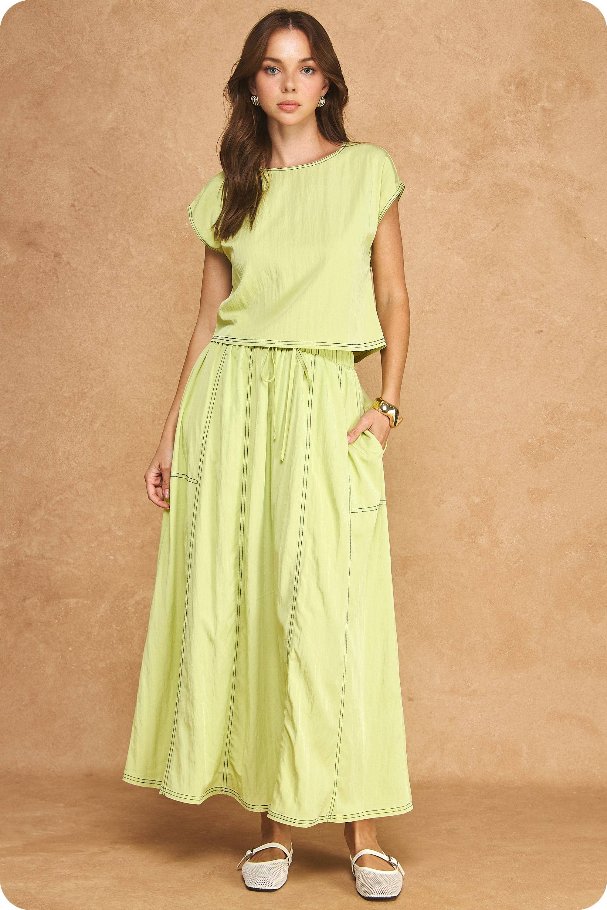 Top Stitch Cap Sleeve Top & Midi Skirt 2-Piece Set
