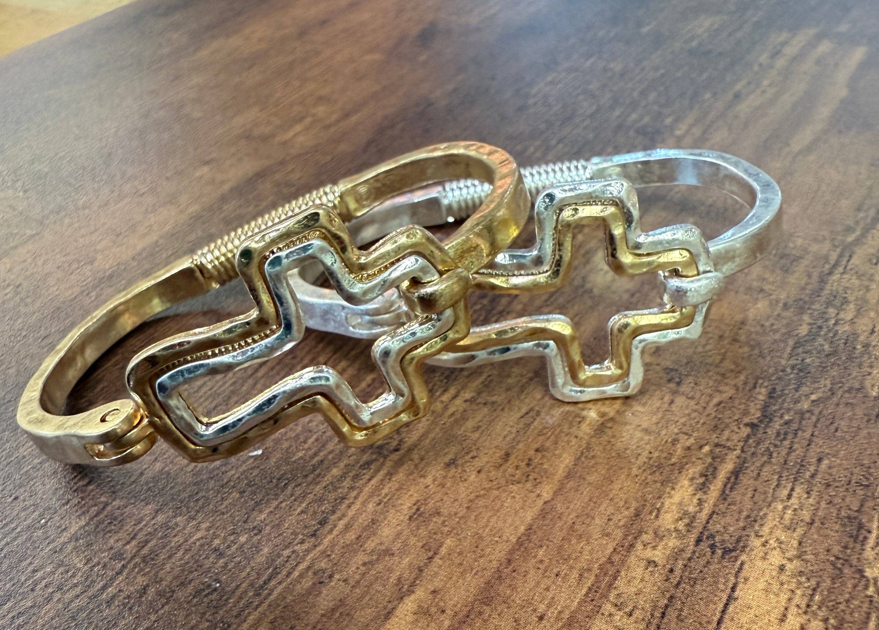 Beautiful Mixed Metal Cross Cuff Bracelet Gold OR Silver