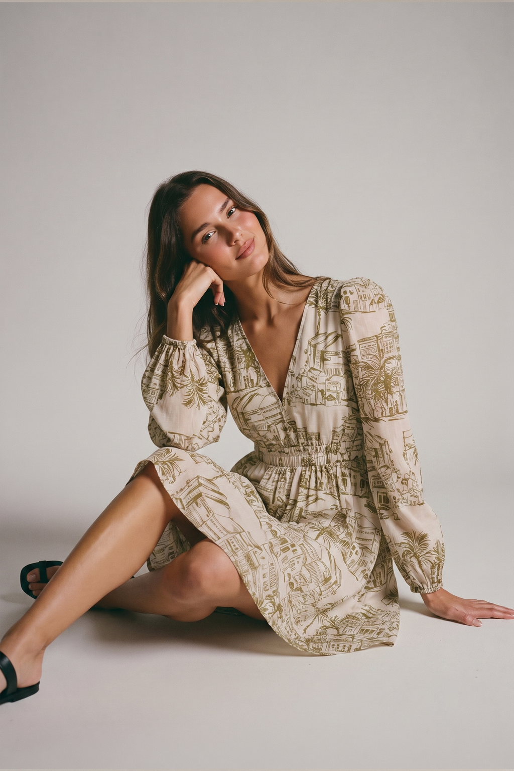 Santorini Olive Sketch Long Sleeve Mini Dress