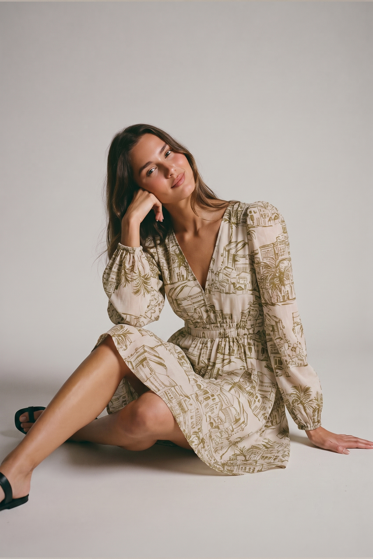 Santorini Olive Sketch Long Sleeve Mini Dress
