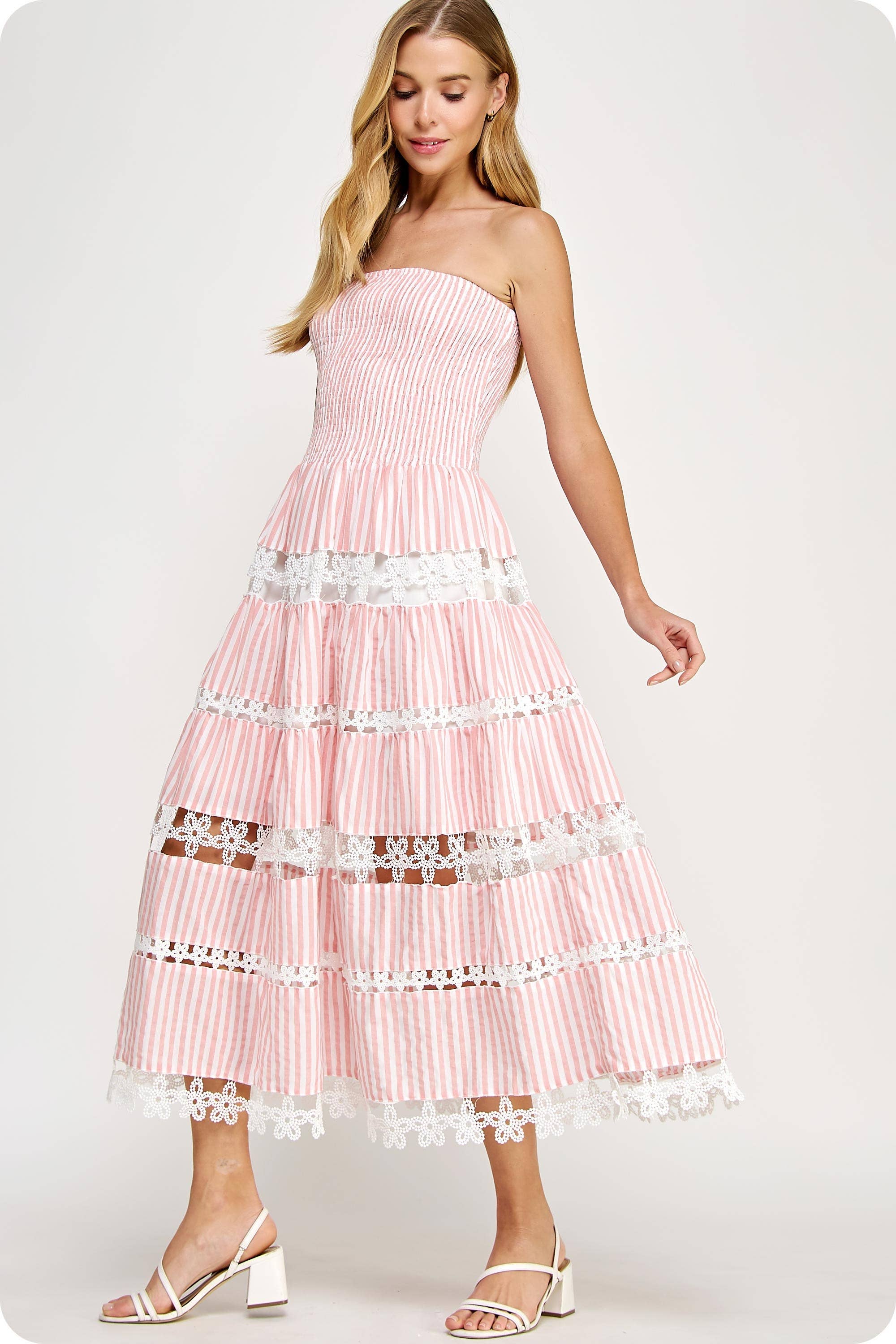 Striped Floral Lace Tube Dress