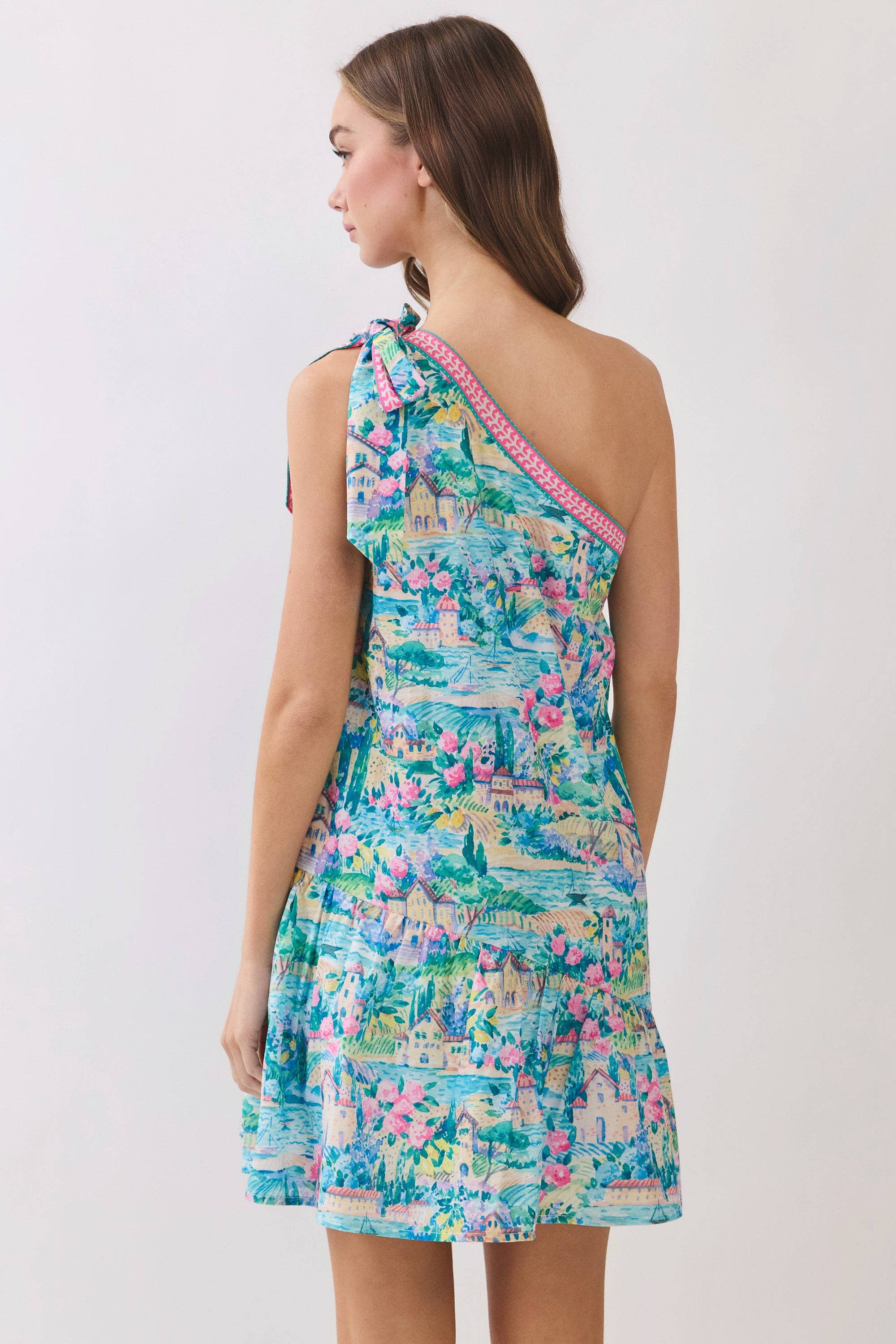 CD07228-Scenic Print One Shoulder Mini Dress