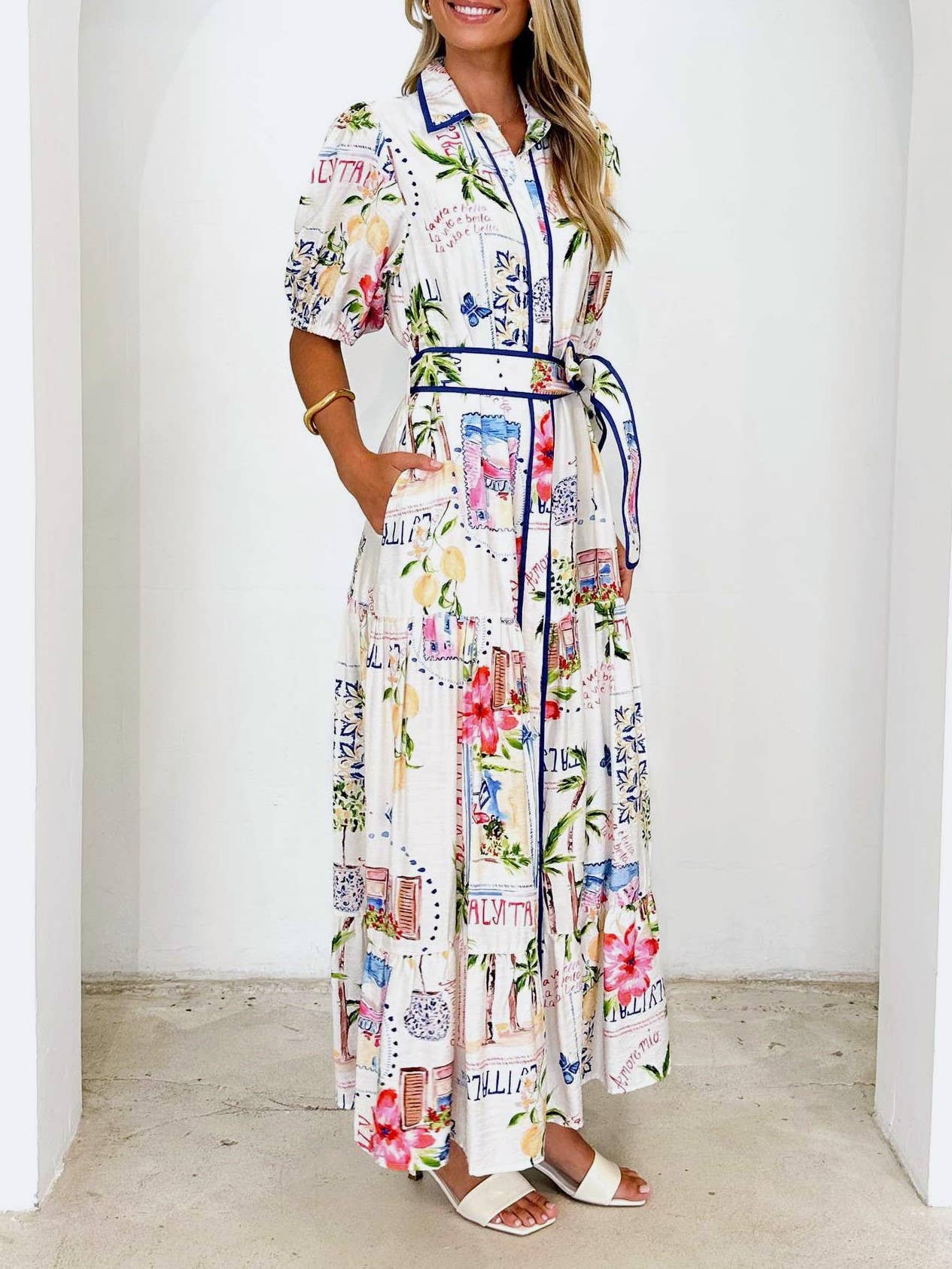 Summer Vibe Tropical Palm Belted Maxi Shirt Dress