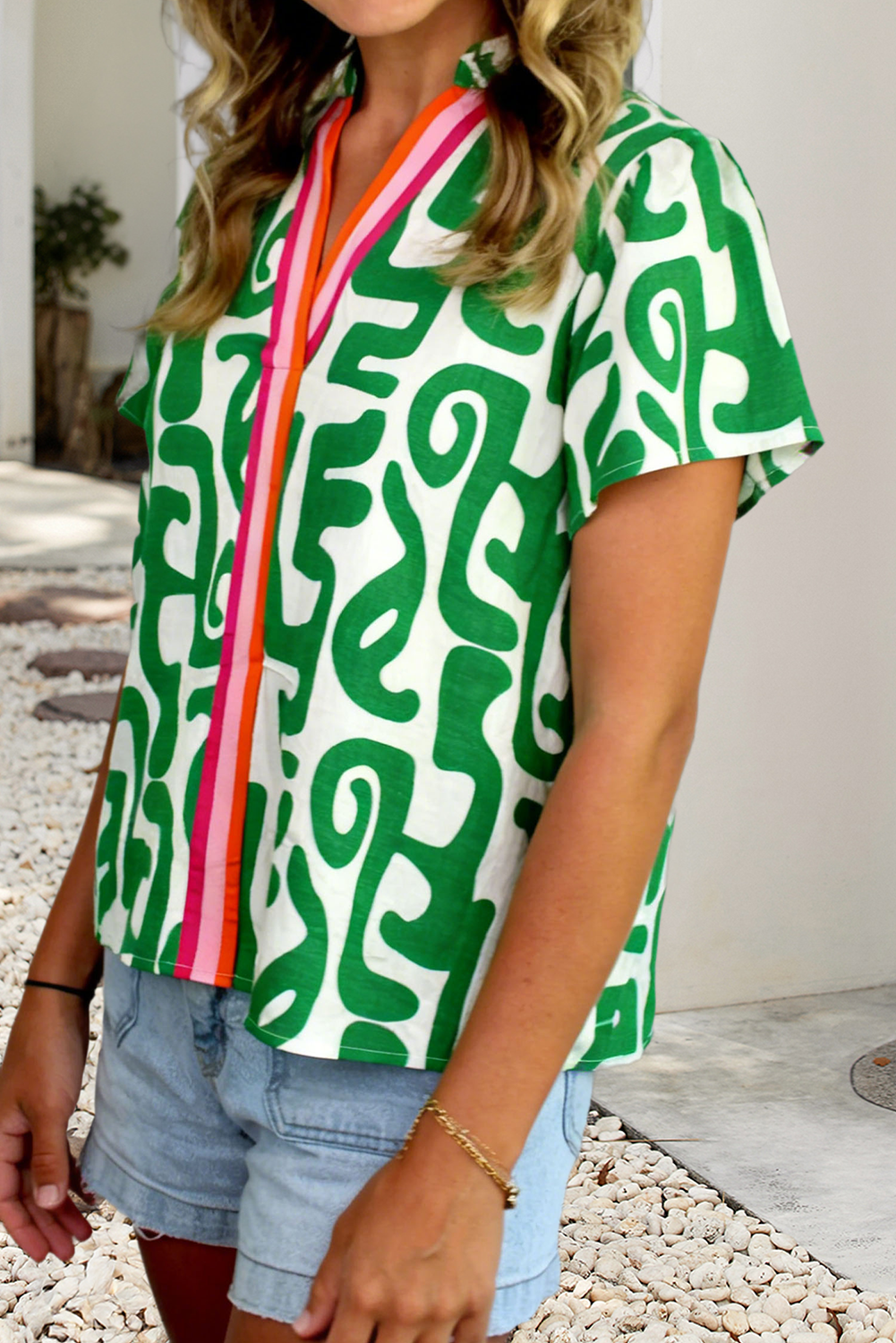 LDC Abstract Print Striped Trim V Neck Short Sleeve Blouse