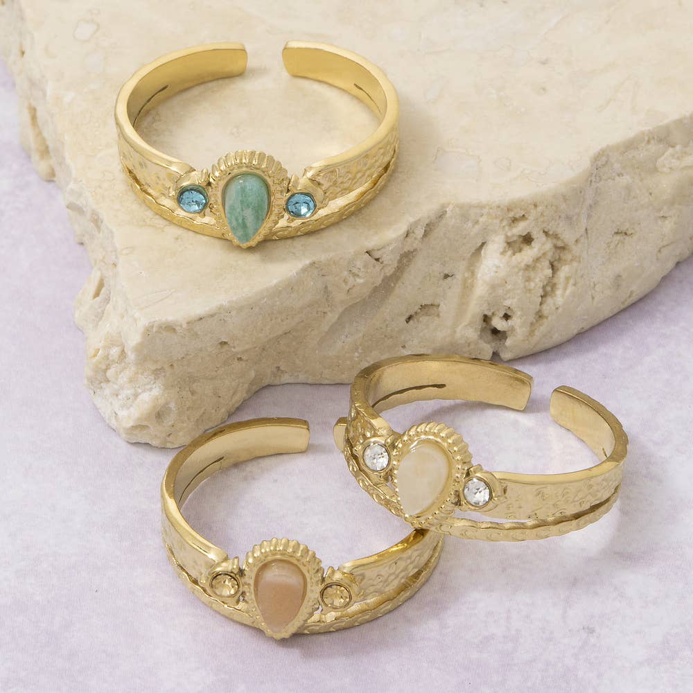 Gold Dipped Amazonite Stone Hammered Wide Cuff Ring