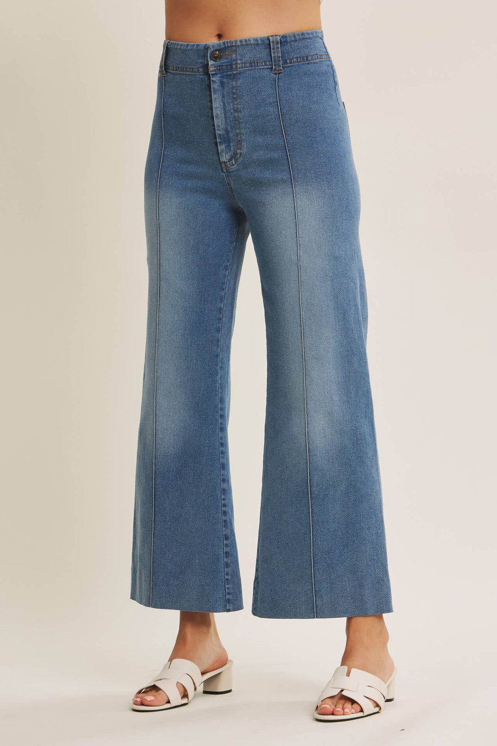 STRETCHY PINTUCK ANKLE LENGTH WIDE-LEG DENIM PANTS