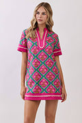 CD06671-Colorful Floral Print Contrast Borders Shift Dress