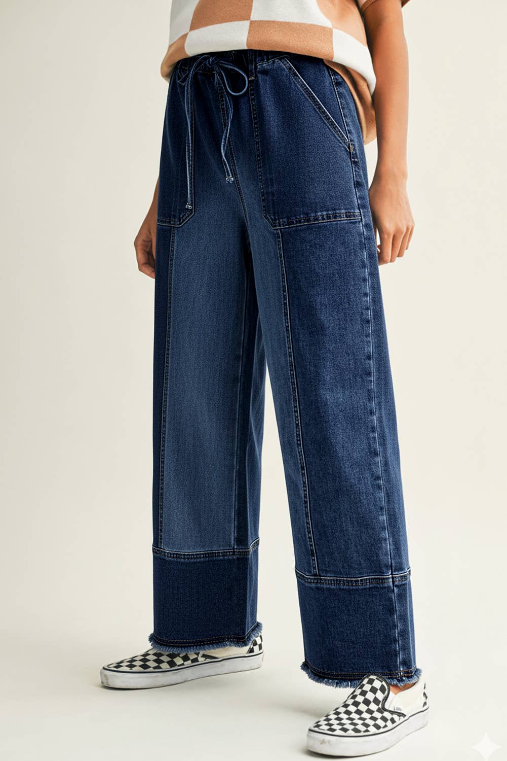 LDC Drawstring Seam Detail Raw Hem Wide Leg Denim Pants