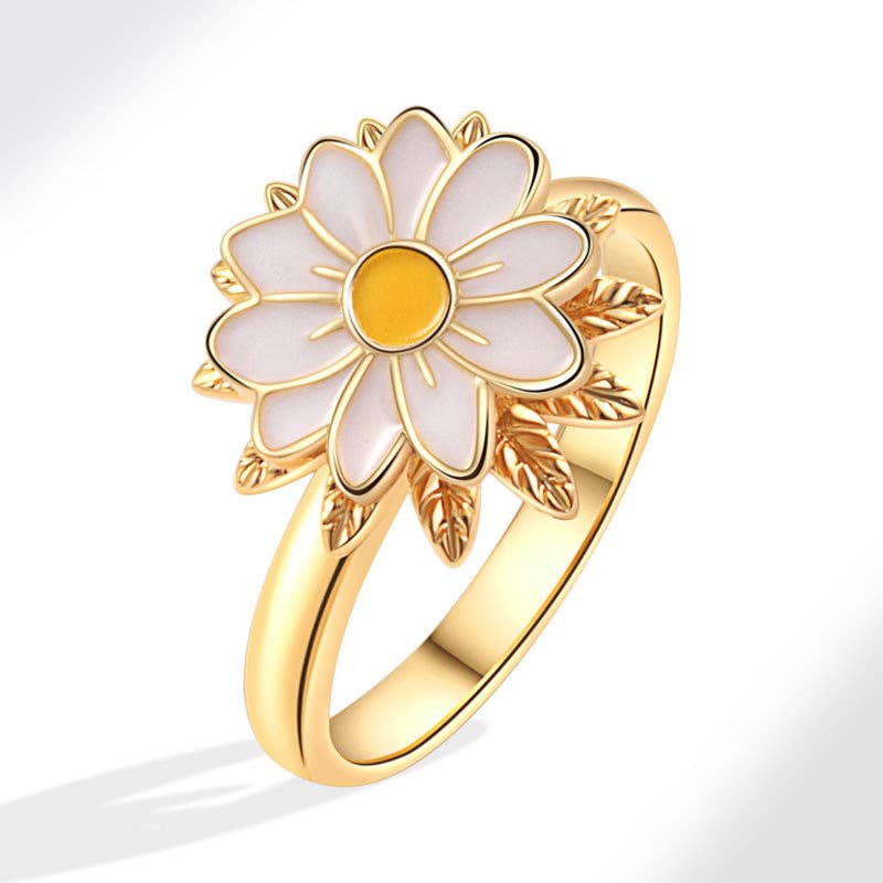 Gold Enamel Daisy Flower Fidget Spinner Ring in Solid Copper