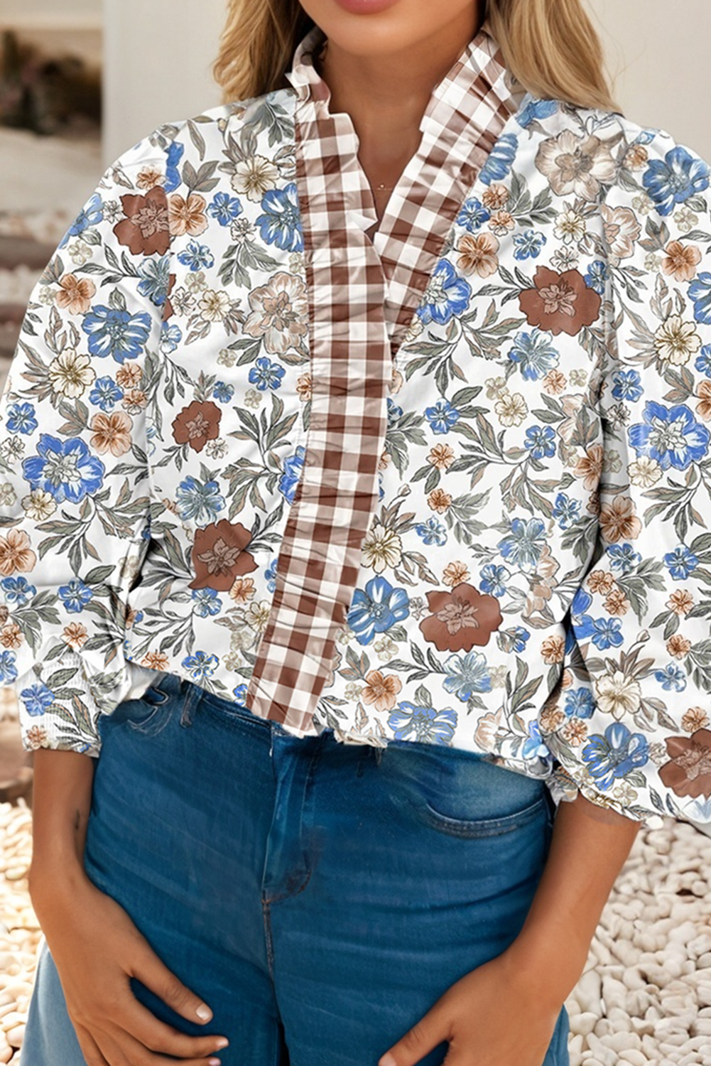 LDC Plaid Frilled Trim V Neck Floral Long Sleeve Blouse