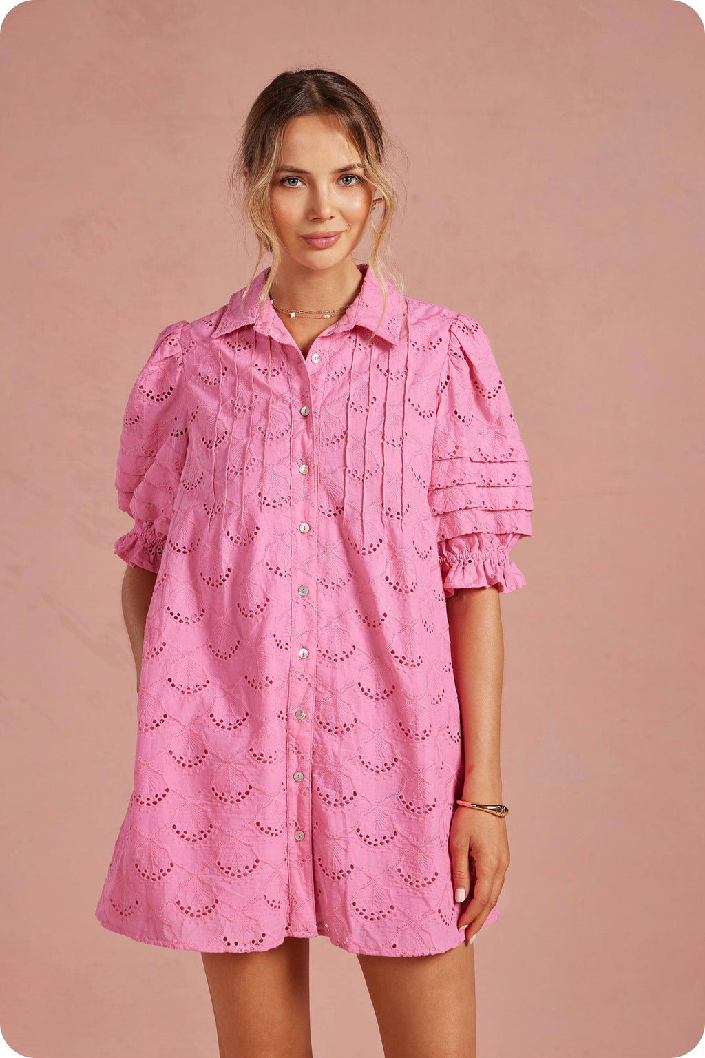 Pintuck Scalloped Eyelet Puff Sleeve Mini Shirt Dress