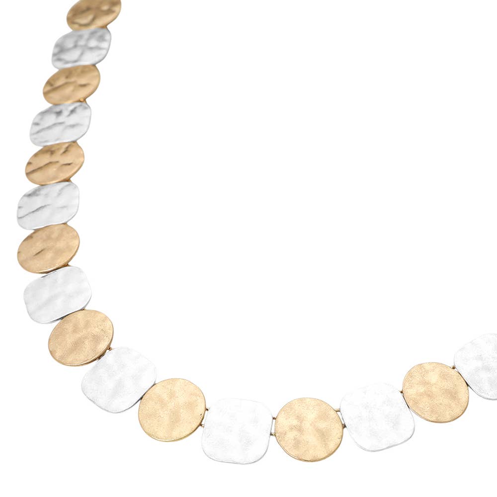 Hammered Metal Round Square Disc Link Necklace