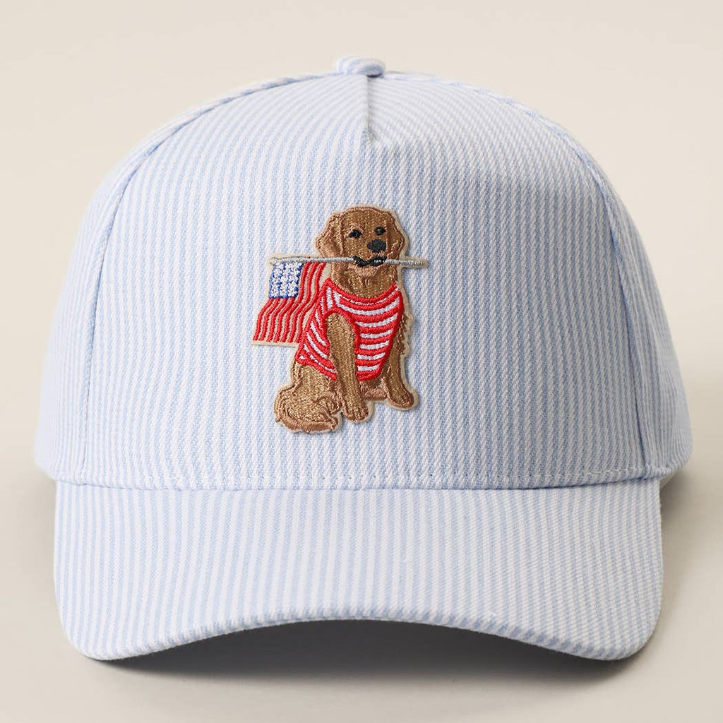 Dog Sitting Holding USA Flag Patch Seersucker Trucker Hat