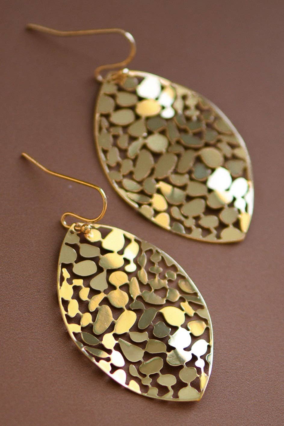 Gold Plated Metal Leaf Drop Earrings - 7418