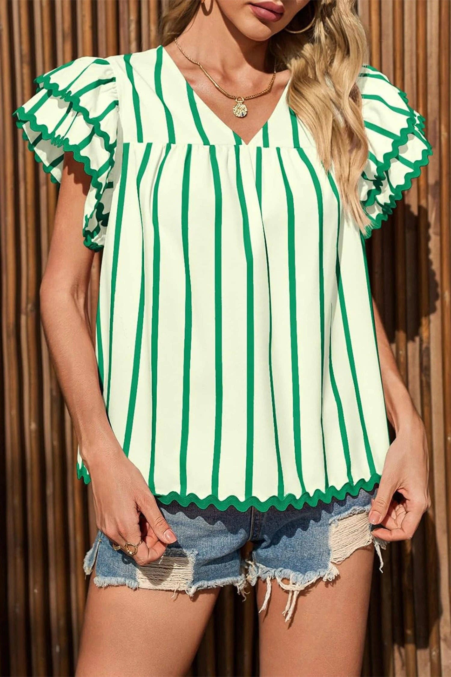 Striped V Neck Flutter Sleeve Blouse Casual Loose Top