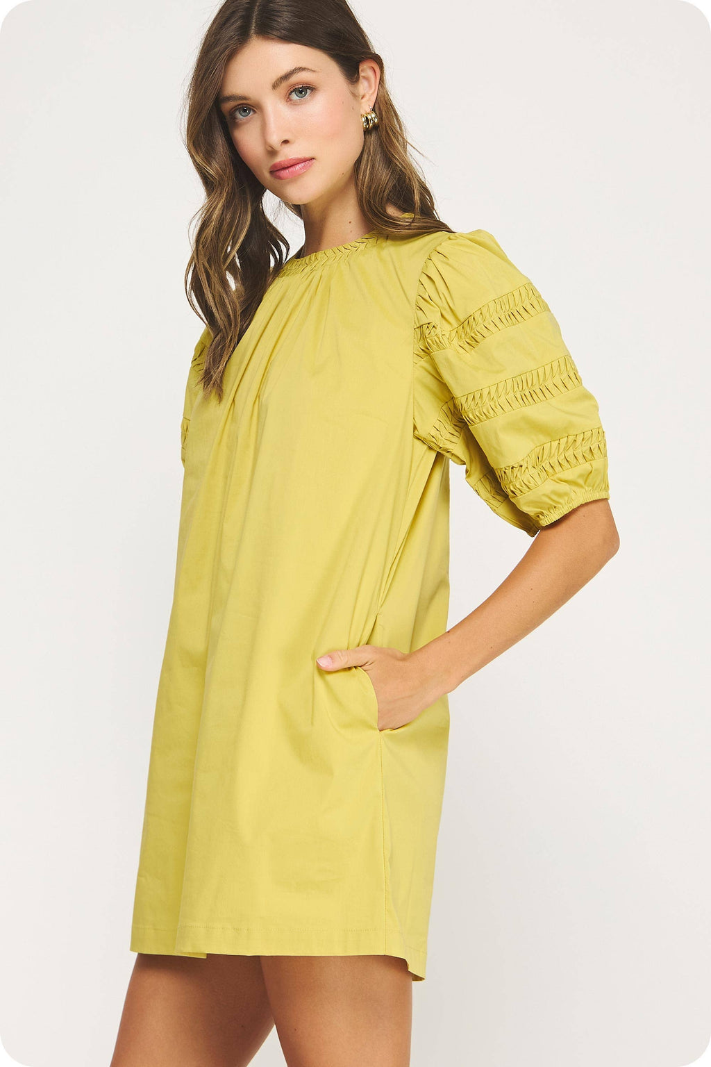 Reverse Pintuck Puff Sleeve Mini Dress