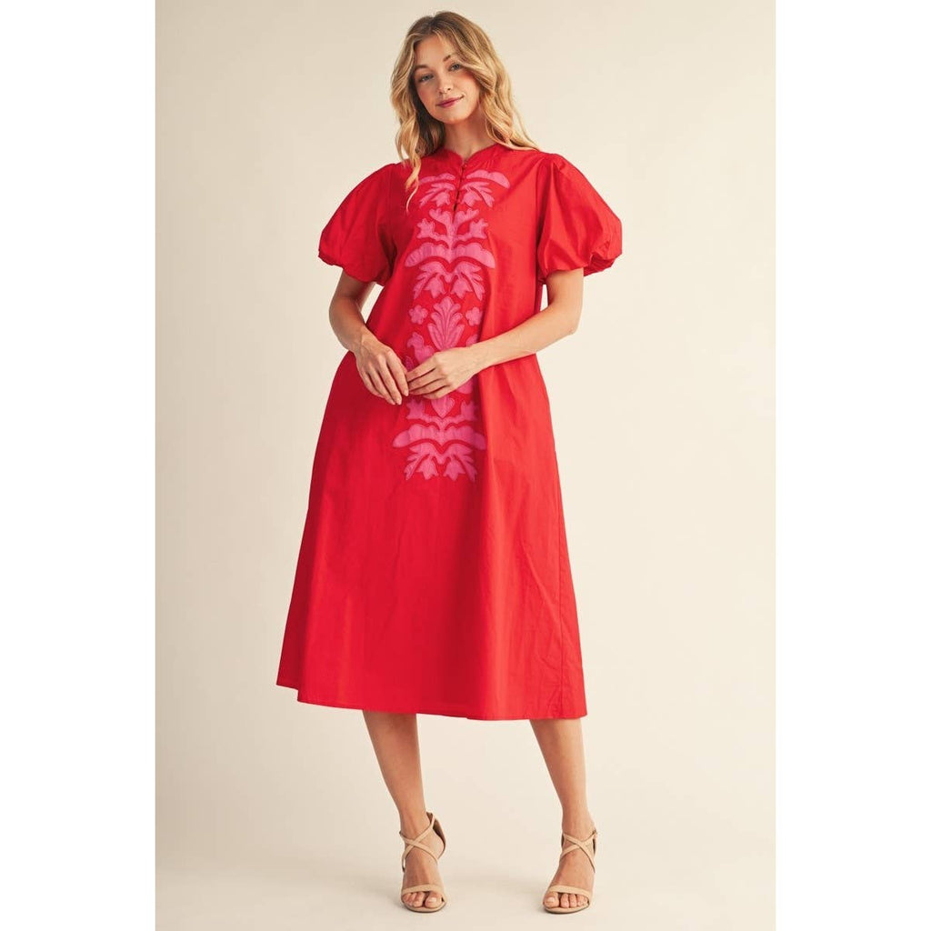 Applique Accent Puff Sleeves Midi Dress