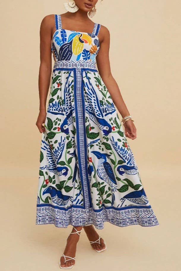 Boho Tropical Birdie Blue floral print strappy flare dress