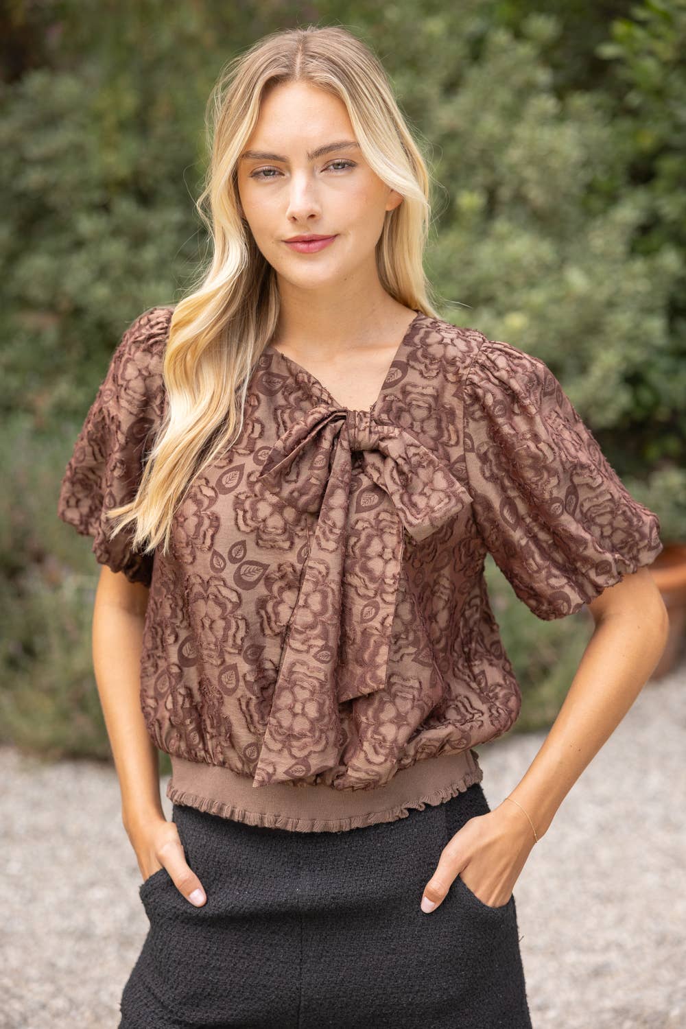 36917 Large Front Bow Detail Burn Out Floral Top