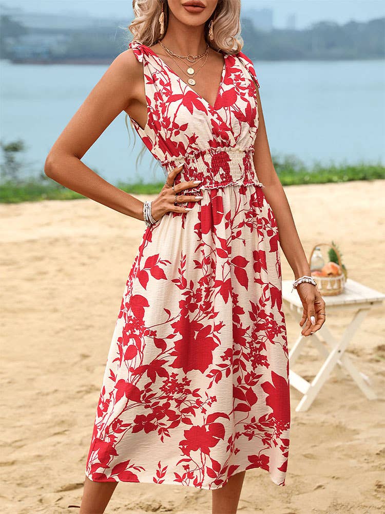 Red Floral V-Neck Midi Dress with Smocked Waist