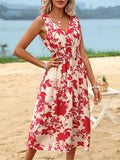 Red Floral V-Neck Midi Dress with Smocked Waist