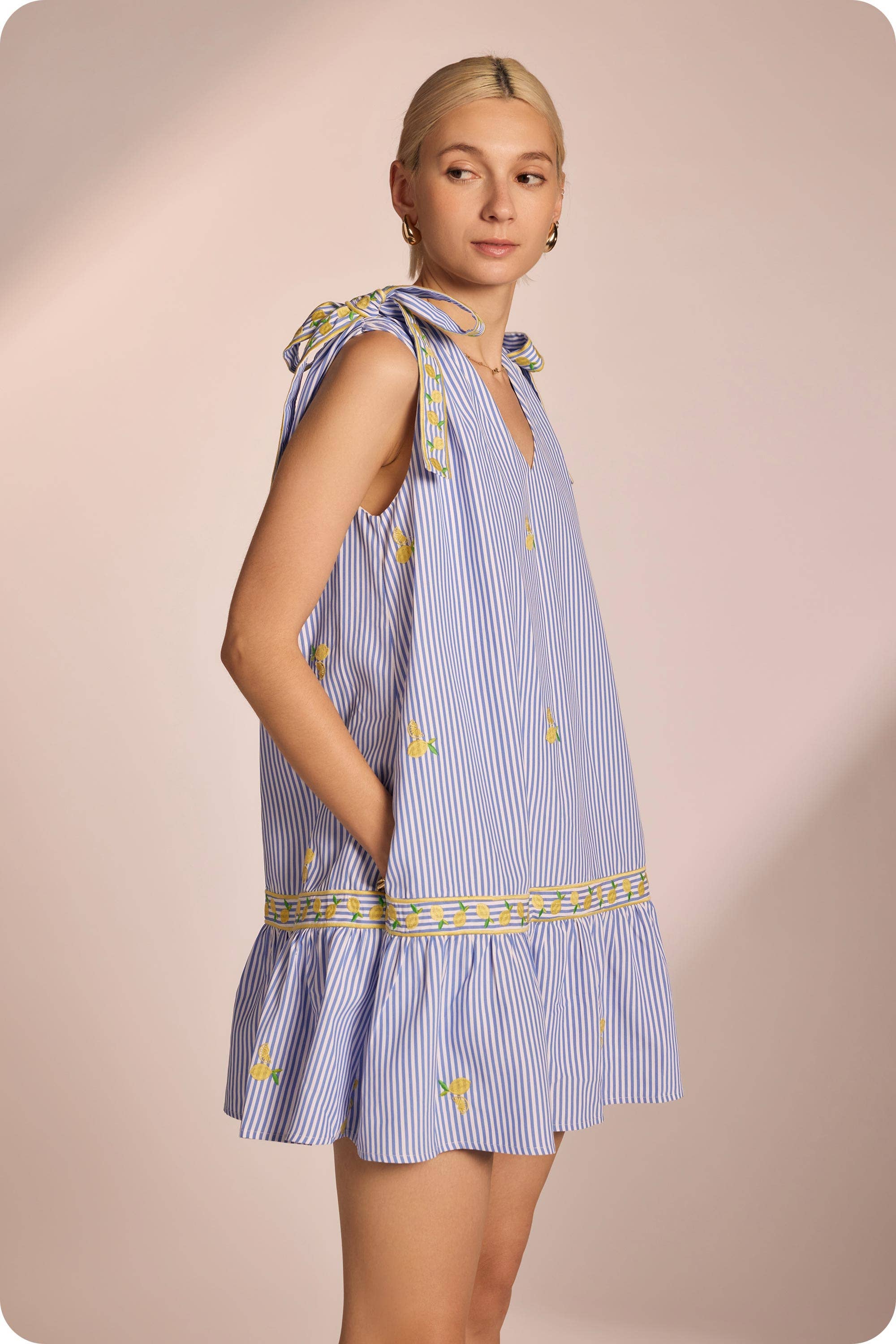 Lemon Embroidery Bow Strap Detail Stripe Mini Dress