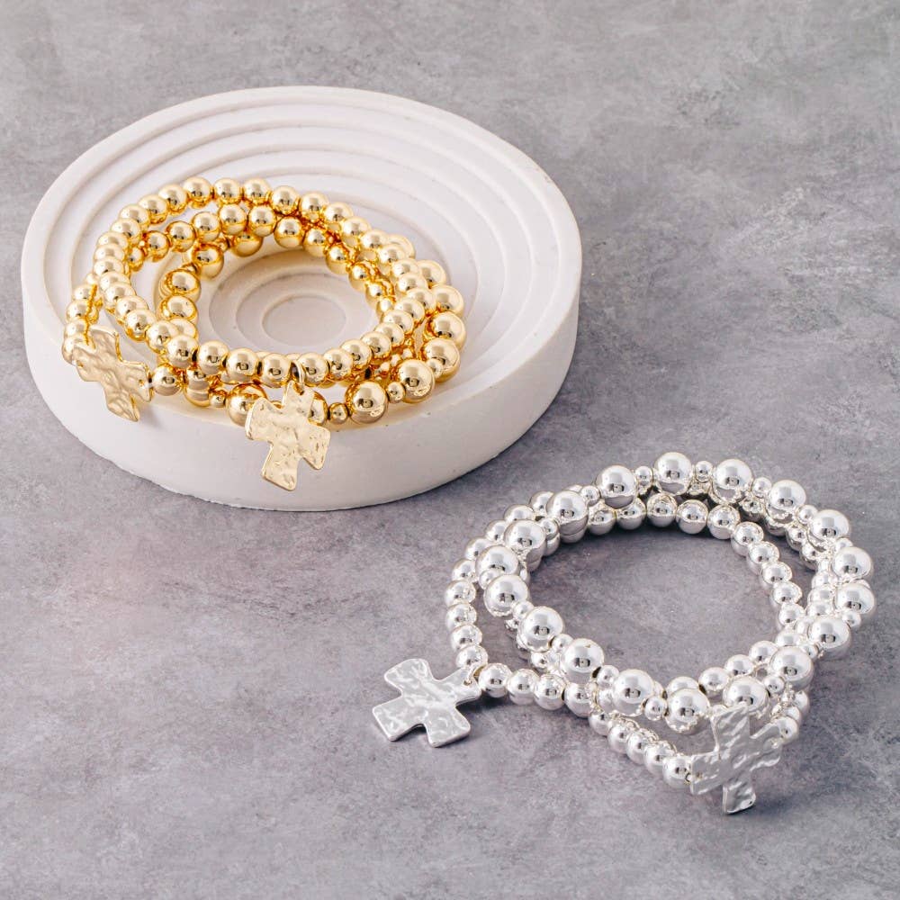 Hammered Cross Charm Metallic Beaded Bracelet Set