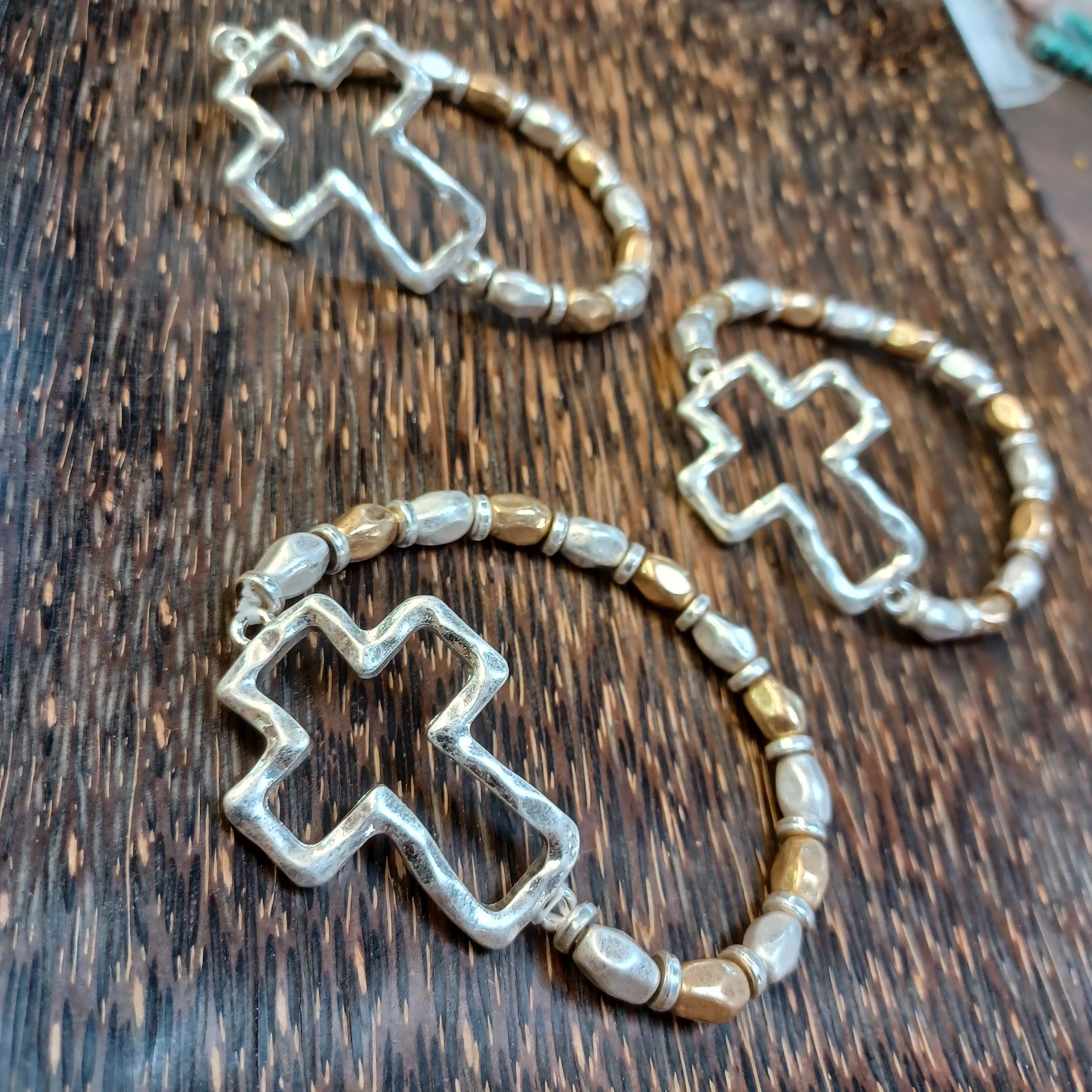 Gold or Silver Hammered Cross Mixed Metal Stretch Bracelet