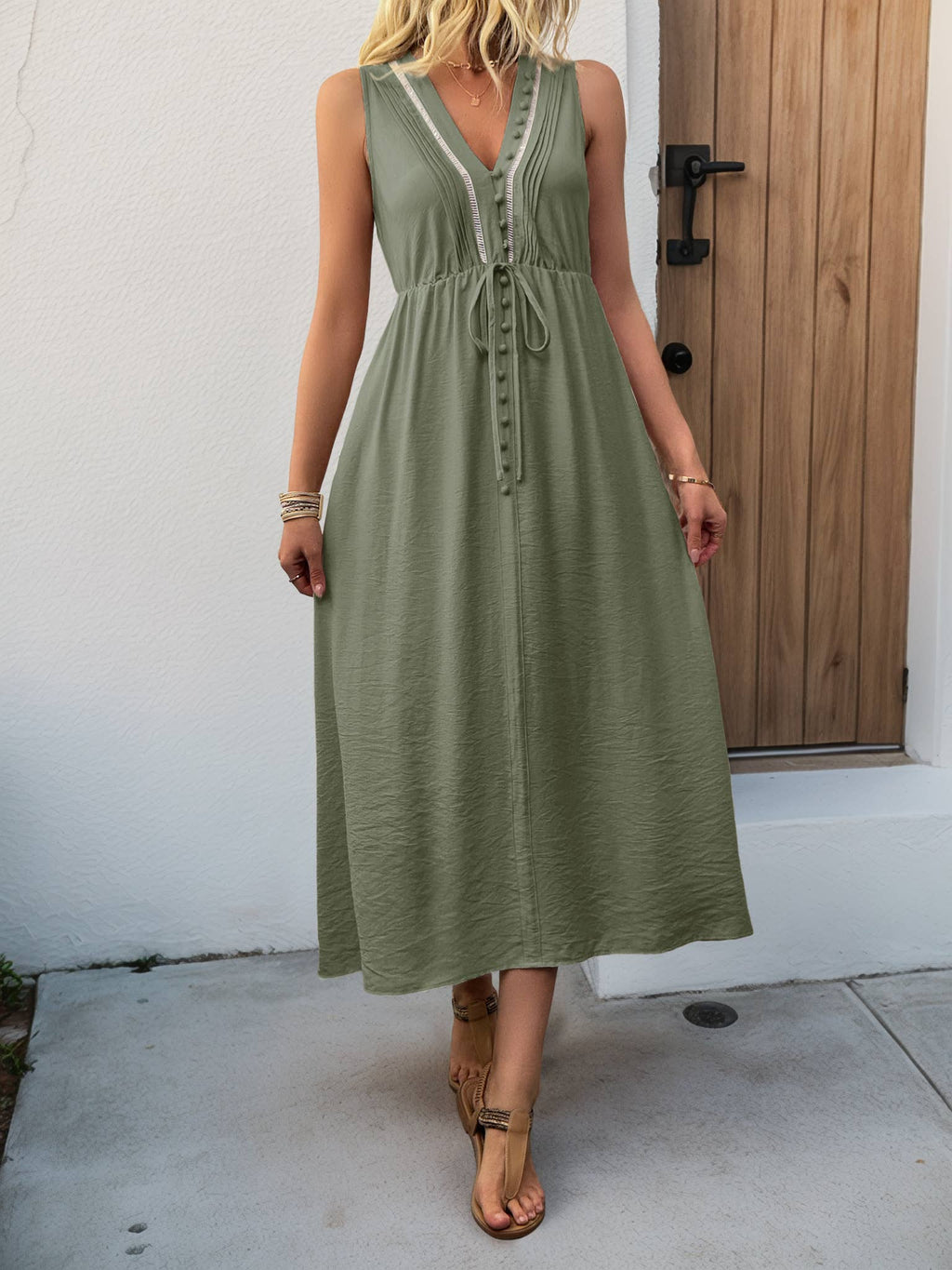 Sleeveless V Neck Maxi Dress with Button Front and Pockets