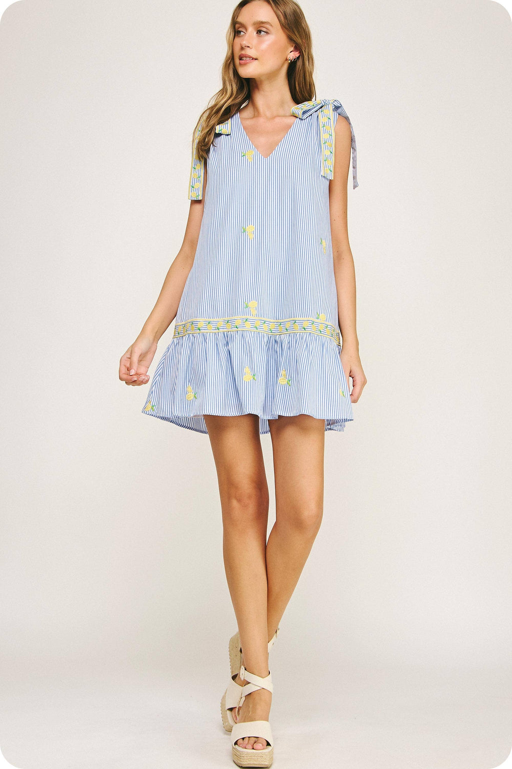 Lemon Embroidery Bow Strap Detail Stripe Mini Dress