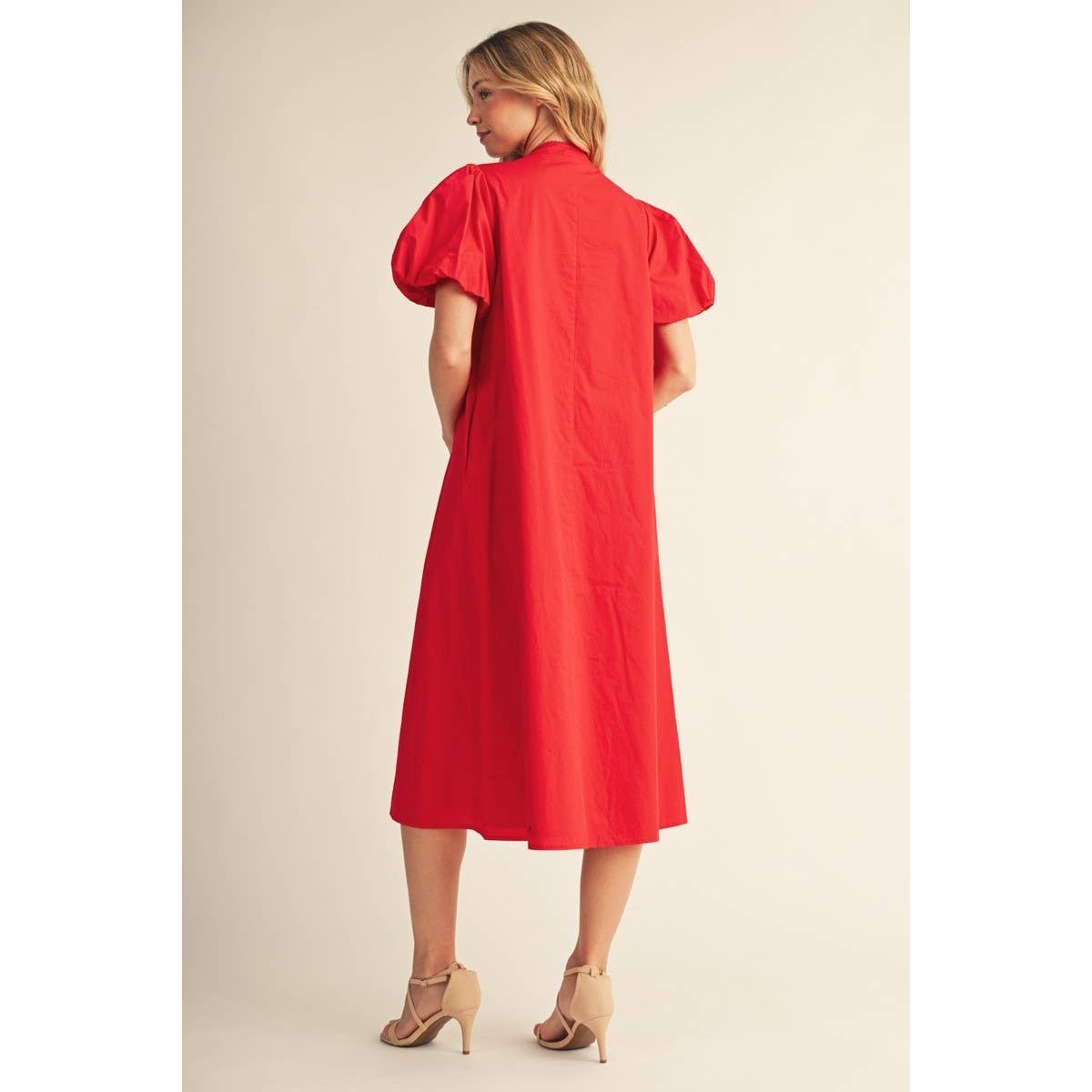 Applique Accent Puff Sleeves Midi Dress
