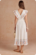 Cross-Stitch Embroidered Flutter Sleeve Midi Dress